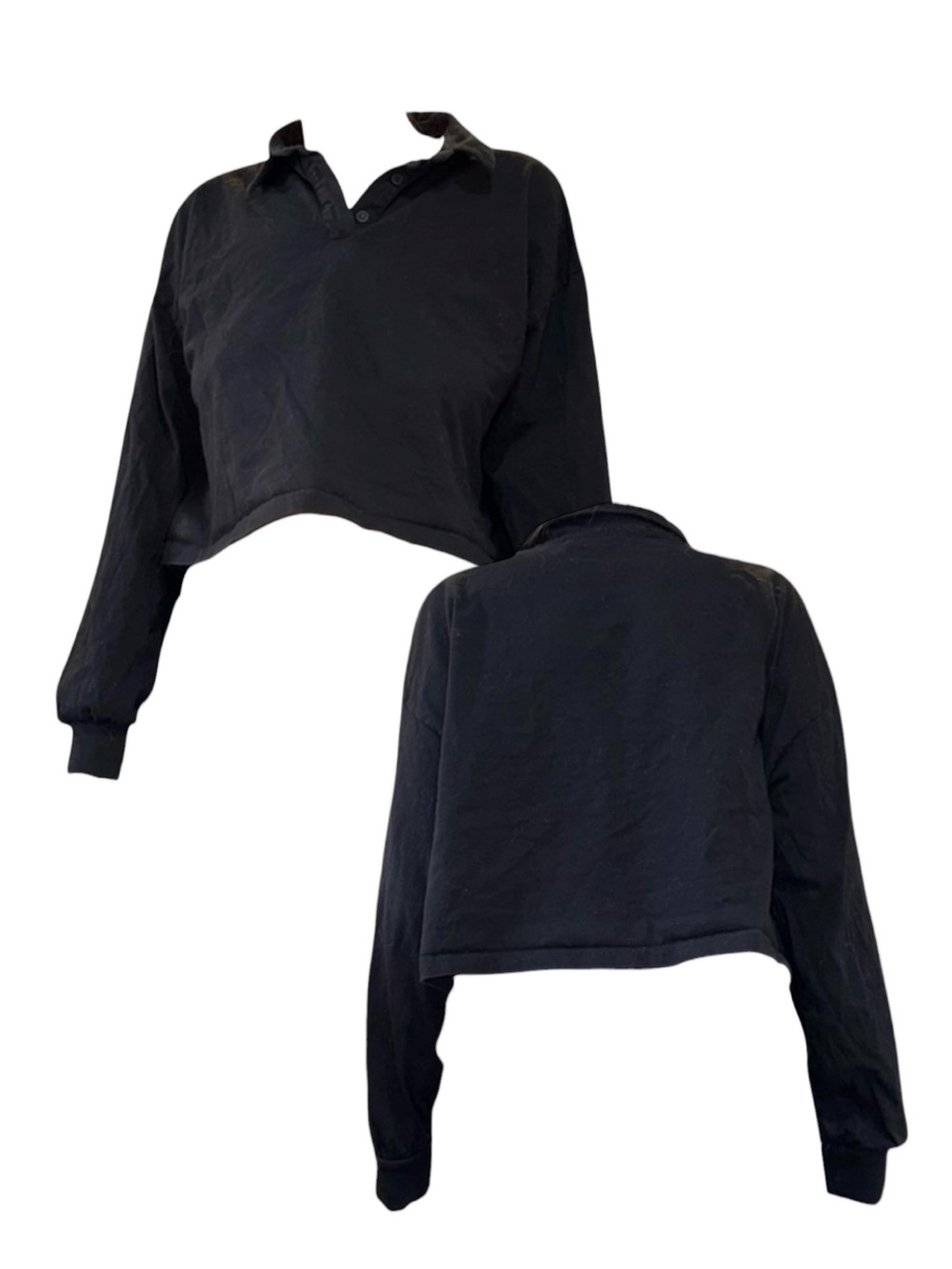 Black Cropped Collared Long-Sleeve Top